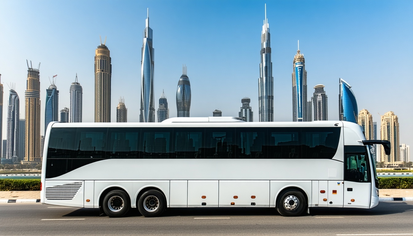 Luxury tour bus in front of Dubai skyline